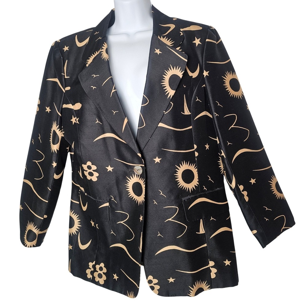 VTG Paolo Santini Silk Blazer Women‎ 14 Black Celestial Sun Moon Star Whimsigoth